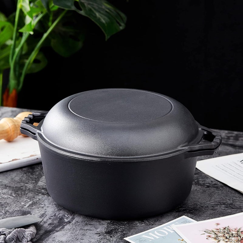 Bruntmor Pre-Seasoned Cast Iron Double Dutch Oven with Skillet Lid - 7 Quart All-in-One Casserole and Braising Pan - Heavy Duty and Oven Safe Black Cookware for Versatile Cooking - 14.7 x 6.9 Inches - Image 4